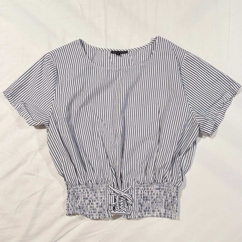 Alison Andrews Blouse Top Shirt White Navy Stripe Womens XL Ruched Waist Coastal